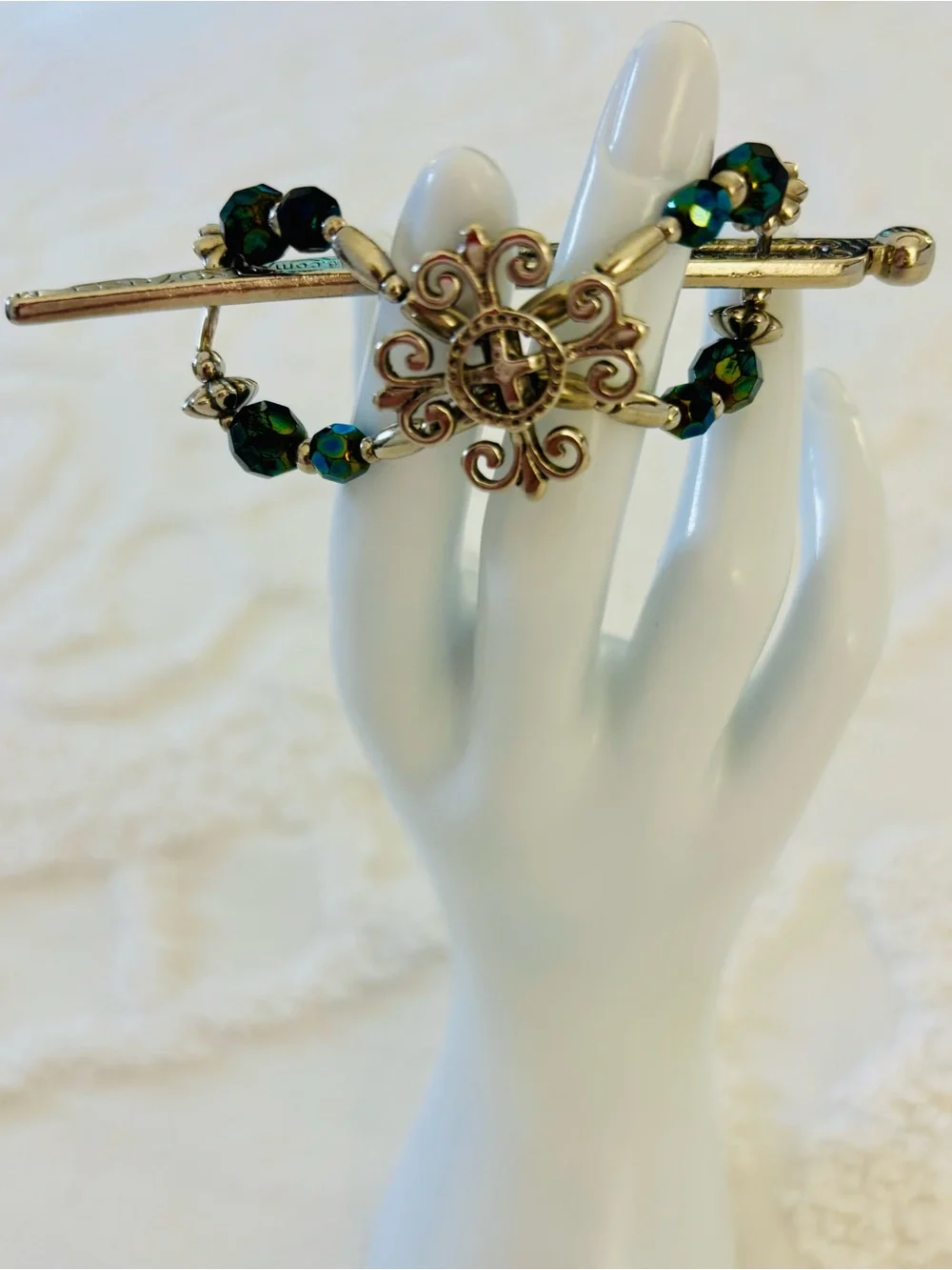 Lilla Rose Silver Teal Green Beaded Celtic Filigree Flexi Clip Hair Slide